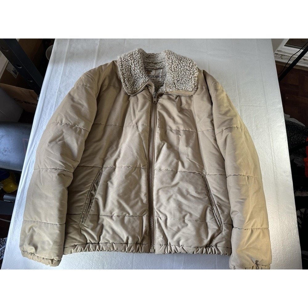 VTG Lakeland Puffer Jacket 38 Tan Sherpa Collar Zip Quilted Bomber Gorpcore